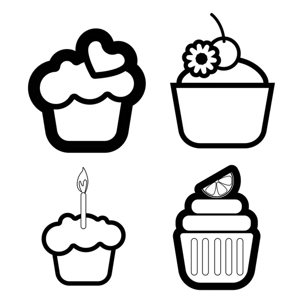 A set of four cakes, with heart, lemon and candle in outlines, over a white background, digital vector image — Stock Vector