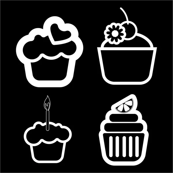 A set of four cakes, with heart, lemon and candle in outlines, over a black background, digital vector image — ストックベクタ