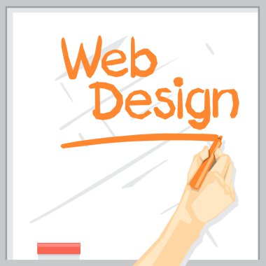 Turuncu renk kalemi ile beyaz bir tablo üzerinde gölge çizim ile bir el, altı çizili web tasarım yazıt, dijital vektör görüntü