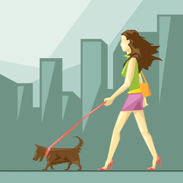 Lady in green and pink clothes and red shoes with brown dog walking on the street, on a blue sliced background with trees, in big pixel style with orange purse, digital vector image — Stock Vector