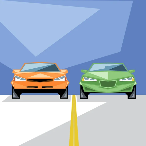 En orange och grön bilar vid start för en racing och en gul linje, framifrån, över Blå bakgrund, digital vektorbild — Stock vektor