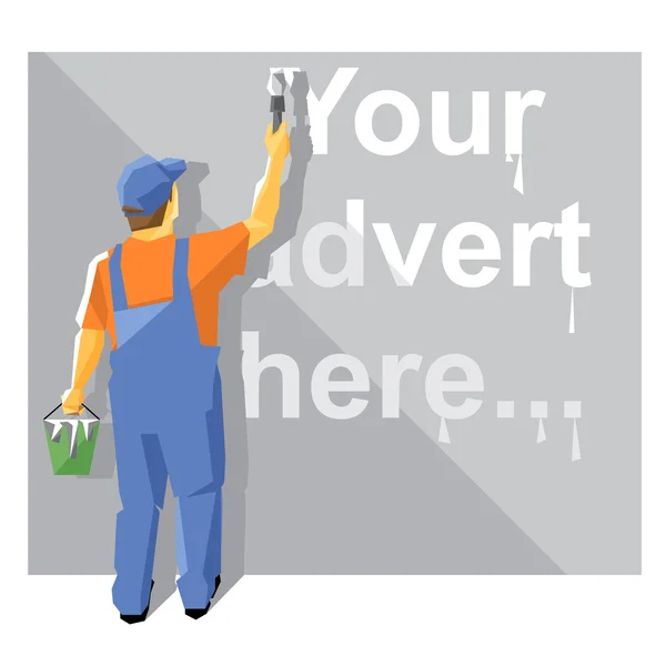 A painter in blue and orange suit with a hat painting with white paint on a wall, your advert here text, over a silver background, digital vector image — Stock Vector