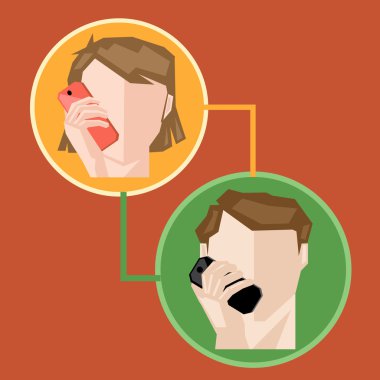 Bir kadın ve daire içinde bir erkek cep telefonu üzerinden sohbet, kahverengi bir arka plan üzerinde, dijital vektör görüntü