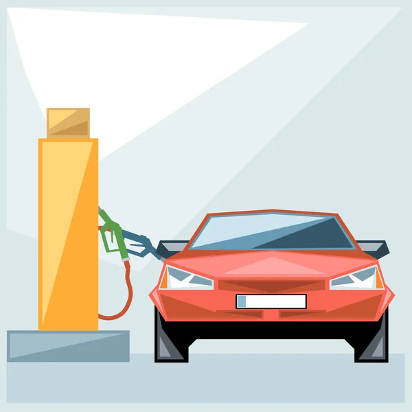 Red car at fuel station over blue background, front view, digital vector image — Stock Vector