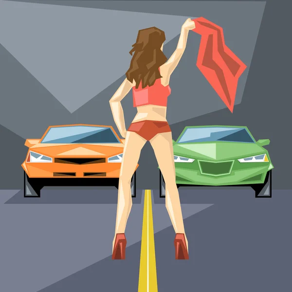 Un naranja y coches verdes al inicio para una carrera y una chica en rojo con un pañuelo, vista frontal, sobre fondo plateado, imagen vectorial digital — Archivo Imágenes Vectoriales