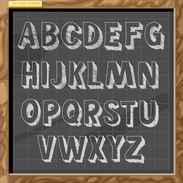 Handgezeichnetes Alphabet in weißem Kreidestil auf braunem Brett mit Raster, Großbuchstaben mit Schräge, digitales Vektorbild — Stockvektor