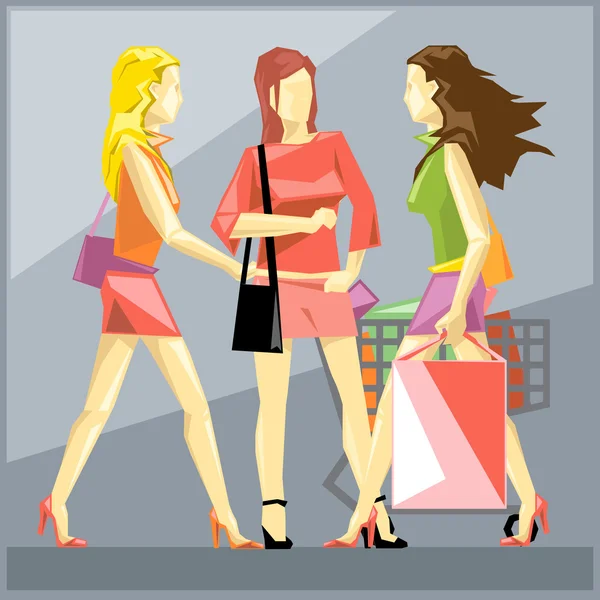 Compras damas en vestidos rojos y zapatos rojos y negros, sobre un fondo en rodajas de plata, en gran estilo píxel con bolsas y cesta, imagen vectorial digital — Archivo Imágenes Vectoriales