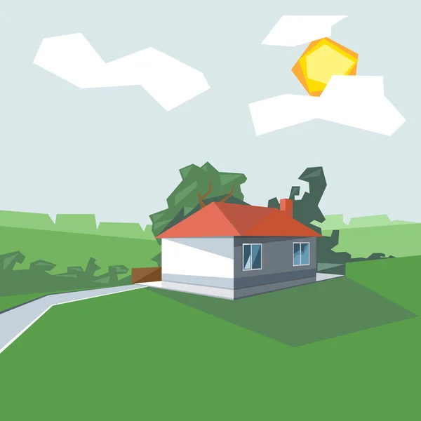 Een huis op 1 verdieping, vanuit het oogpunt van met windows en de zon in de wolken, in de buurt van groene tuin, digitale vector afbeelding weergeven — Stockvector