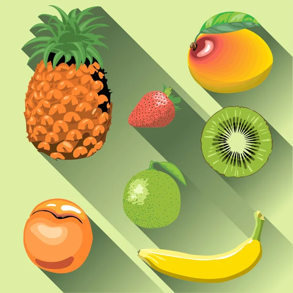 Een set van vruchten met schaduw, ananas, mango, perzik, kiwi, banaan, aardbei en citroen, digitale vector image. — Stockvector