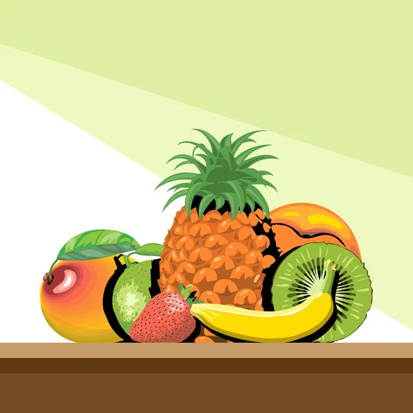 Satu set buah dengan bayangan, nanas, mangga, persik, kiwi, pisang, stroberi dan lemon, gambar vektor digital . - Stok Vektor