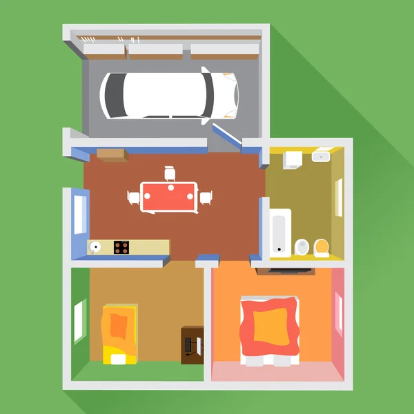 Дом в секции с автомобилем в гараже, ванная комната, кухня и 2 гостиные, вид сверху, на зеленом фоне, цифровой вектор изображения — стоковый вектор