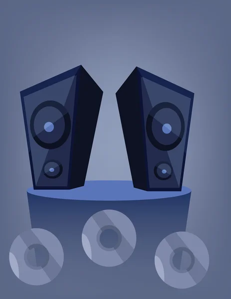 Twee blauwe muziek speakers op een deck over een blauwe achtergrond met DVD-en cd-schijven. Digitaal vector beeld. — Stockvector