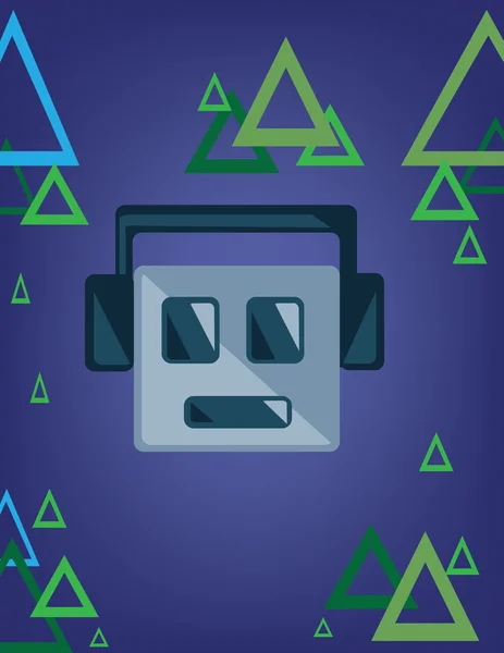 Muziek emoticon met glimlach en hoofdtelefoon over een blauwe achtergrond met groene en blauwe driehoeken. Digitaal vector beeld. — Stockvector