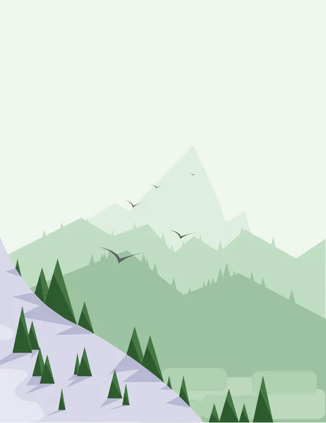 Abstract landscape with pine trees, snow, birds and green hills, over a light green background. Digital vector image. — Stock Illustration Abstract landscape with pine trees, snow, birds and green hills, over a light green background. Digital vector image. Royalty Free Stock Illustrations
