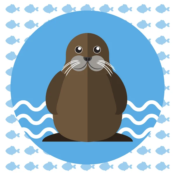 Abstracte illustratie met een walrus op blauw water met golven in een rond blauw frame, over een witte achtergrond met vis — Stockvector