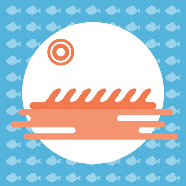 Αφηρημένη απεικόνιση με θαλασσινό νερό και έναν ήλιο σε στρογγυλό πλαίσιο, πάνω από ένα γαλάζιο φόντο με ψάρια. — Διανυσματικό Αρχείο