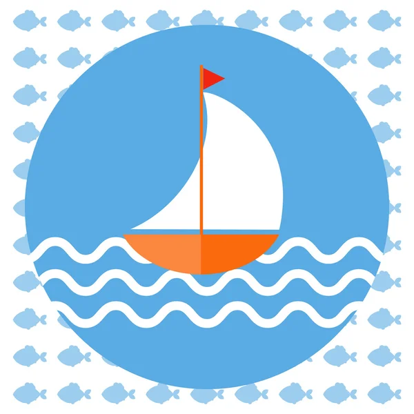 Abstrakt illustration med en båt på blått vatten med vågor i en rund blå ram, över en vit bakgrund med fisk. — Stock vektor