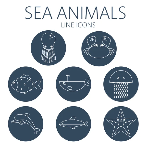 Black Sea Animal utspelar i konturer med bläckfisk, krabba, fisk, pingvin, haj, val, maneter och sjöstjärna — Stock vektor
