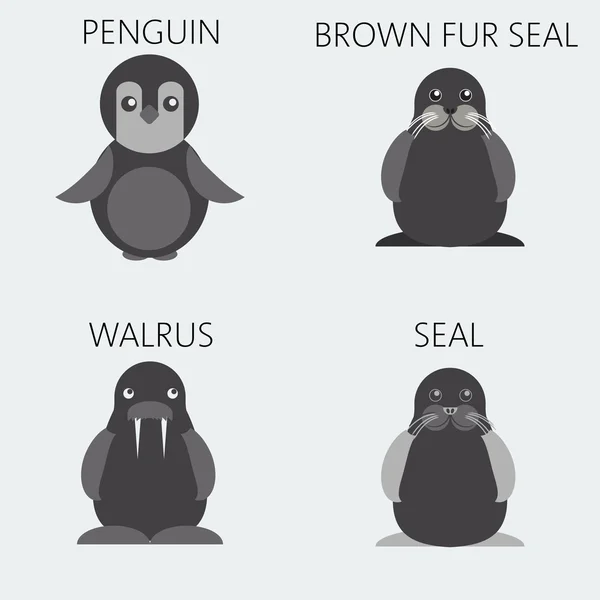 Illustration abstraite avec des animaux de mer argentés, un pingouin, un morse, un morse brun à fourrure et un phoque, sur un fond blanc . — Image vectorielle