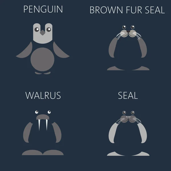 Streszczenie ilustracji z zwierząt morskich zestaw, Pingwin, morsa, brązowy futro morsa i pieczęć, na ciemnym tle niebieskim. — Wektor stockowy