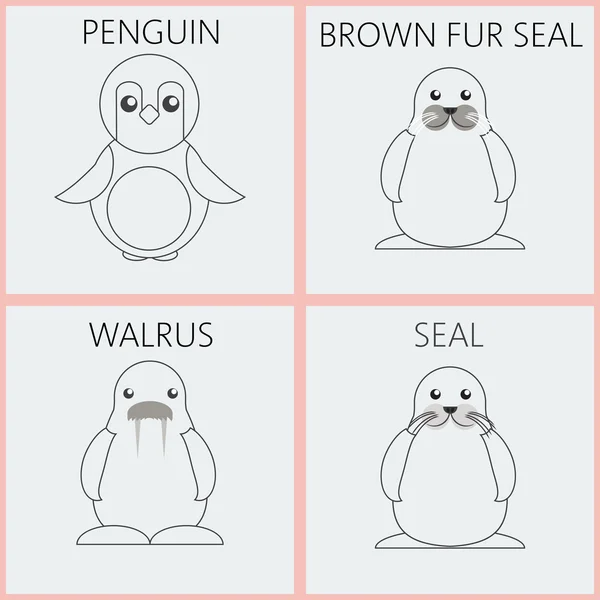 Streszczenie ilustracji ze srebrnymi zwierzętami morskimi określonymi w konspektach, pingwina, morsa, brązowego futra i uszczelnienia, na białym tle. — Wektor stockowy