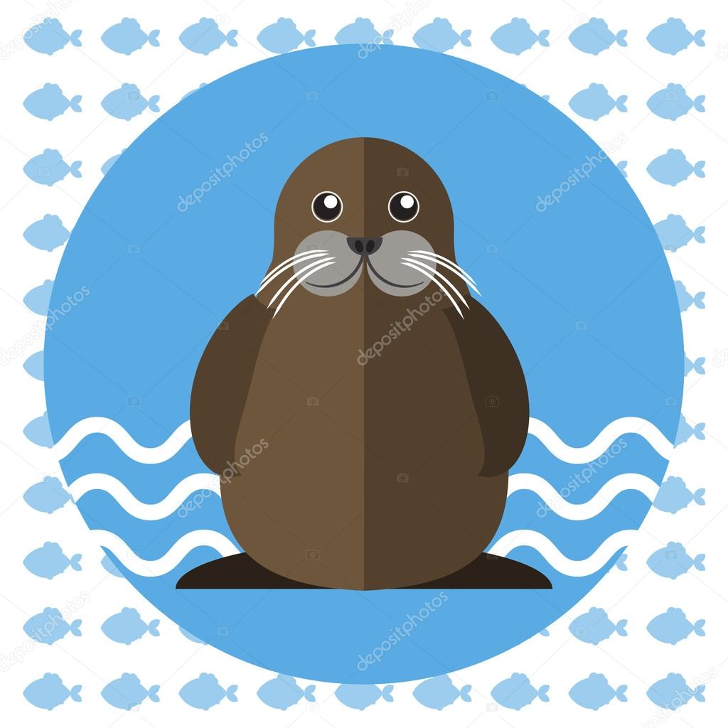 Abstract illustration with a walrus on blue water with waves in a round blue frame, over an white background with fish. Digital vector image.