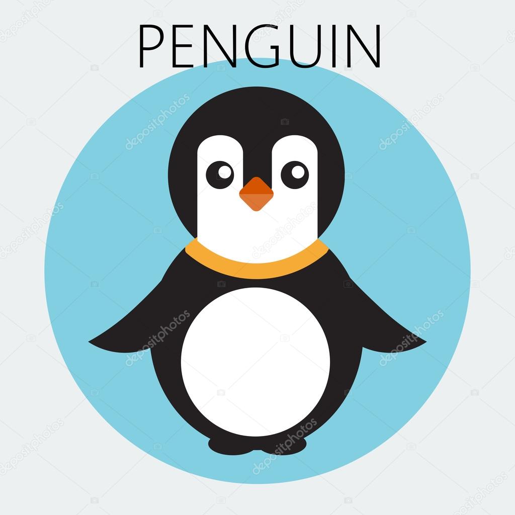 Abstract illustration with a baby penguin in a round blue frame, over an white background. Digital vector image.