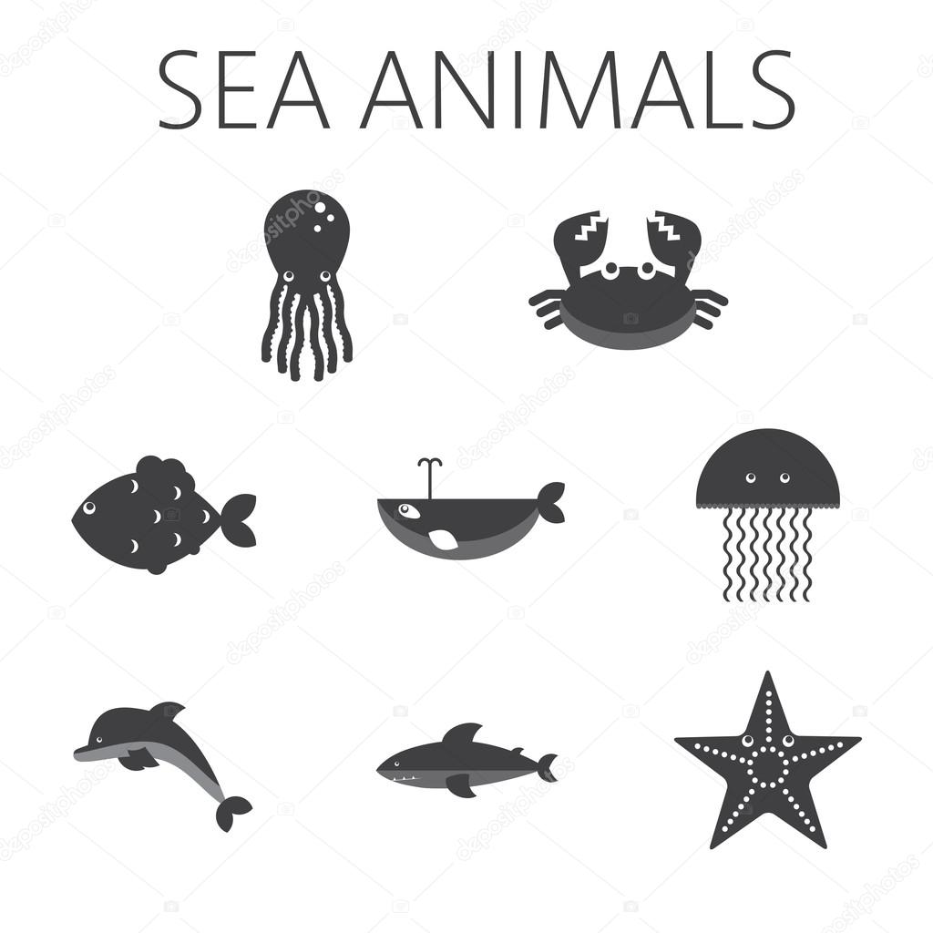 Black sea animal set in outlines with octopus, crab, fish, penguin, shark, whale, jellyfish and starfish Stock Vector Image by ©frimufilms #110744828 Black sea animal set in outlines with octopus, crab, fish, penguin, shark, whale, jellyfish and starfish Stock Vector Image by ©frimufilms #110744828