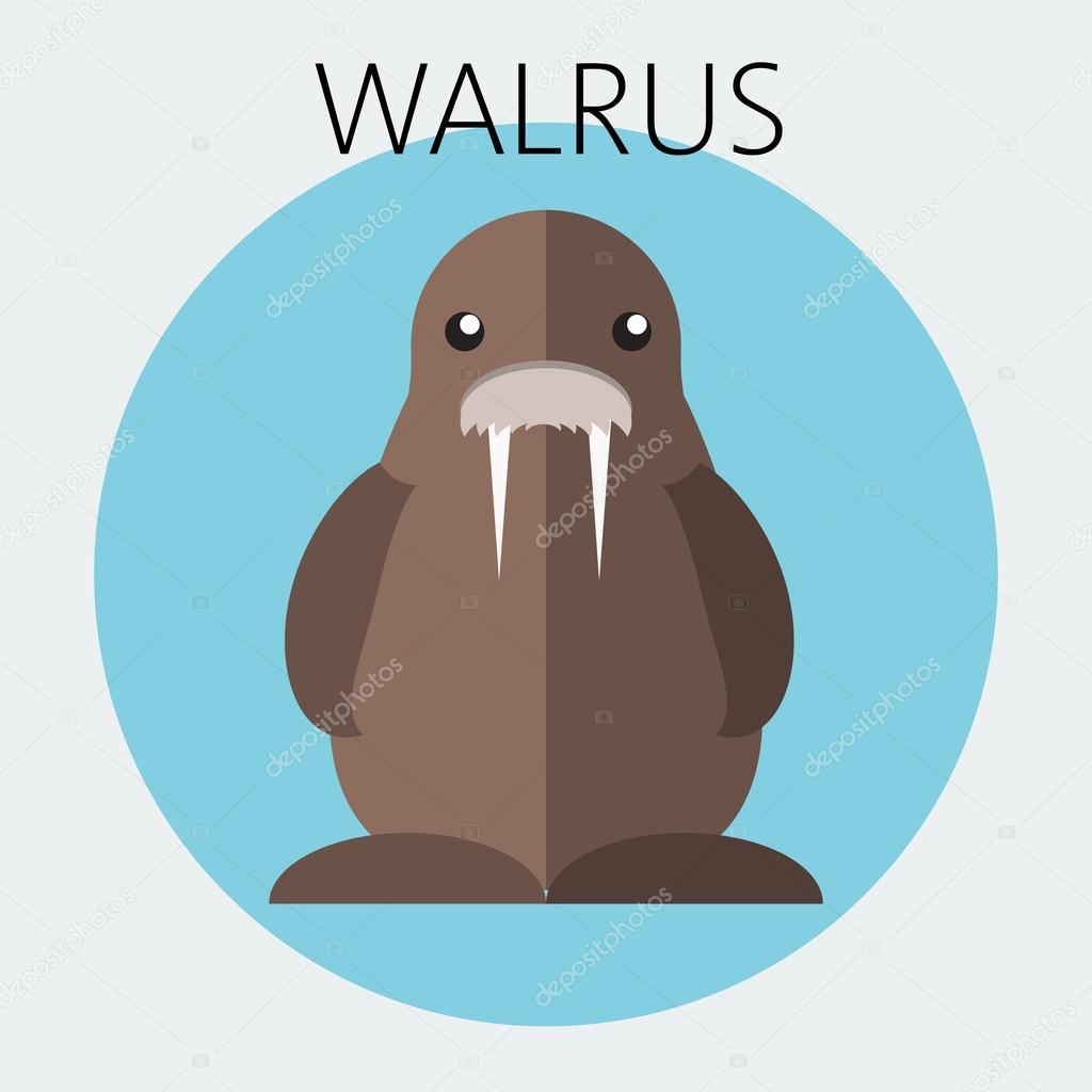 Abstract illustration with a brown walrus in a round blue frame, over an white background. Digital vector image.