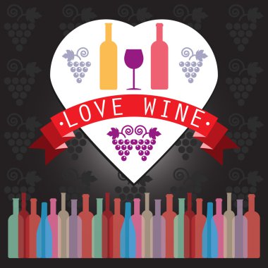 Şarap tatma kartı, kalp çerçevesinde iki sarı ve kırmızı şişe, arka planda üzüm tabelası ve mor bardakla. Dijital vektör resmi.