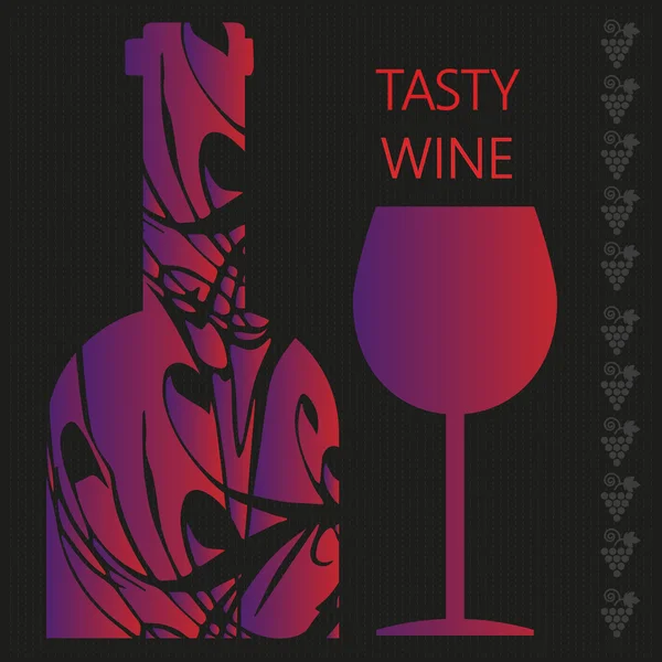 Tarjeta de cata de vino tinto, una botella con vidrio sobre fondo plateado oscuro con inscripción. Imagen vectorial digital . — Vector de stock