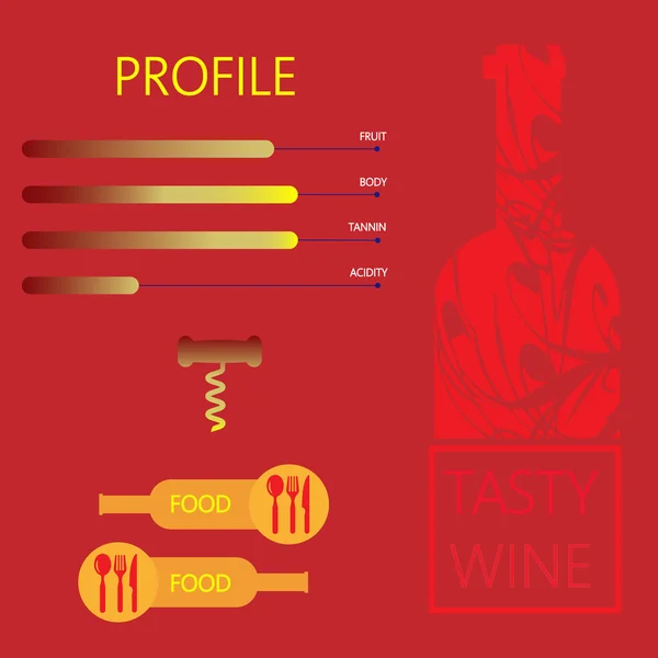 Νόστιμο κρασί και φαγητό εστιατόριο γραφικές πληροφορίες με συστατικά, μπιμπερό, κουτάλι, μαχαίρι και πιρούνι σημάδια σε περιγράμματα σε κόκκινο φόντο. Ψηφιακή διανυσματική εικόνα. — Διανυσματικό Αρχείο
