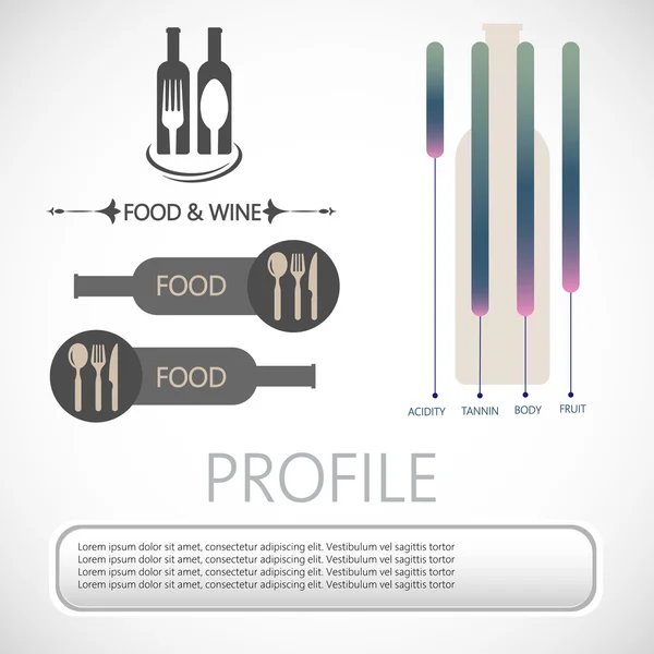 Informations sur le vin graphique, bouteilles de restaurant, cuillère et fourchette en contours avec description des composants sur fond argenté. Image vectorielle numérique . — Image vectorielle