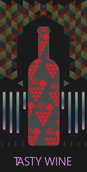 红酒和品酒卡，瓶与红葡萄标志黑色背景与彩色图案。数字矢量图像. — 图库矢量图片