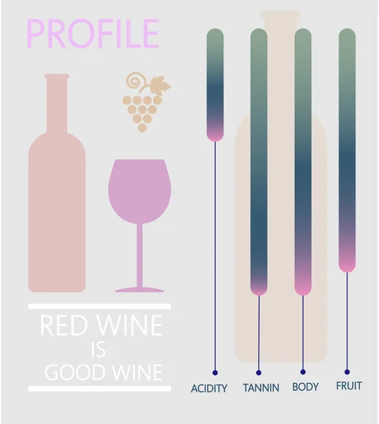 Informazioni sul vino grafica, bottiglia e vetro con componenti descrizione su sfondo argento. Immagine vettoriale digitale . — Vettoriale Stock