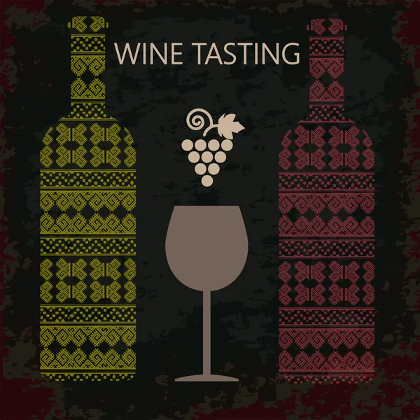 Vinprovningskort, två flaskor vitt och rött vin, ett glas och druvtecken över mörk bakgrund. Digital vektorbild. — Stock vektor
