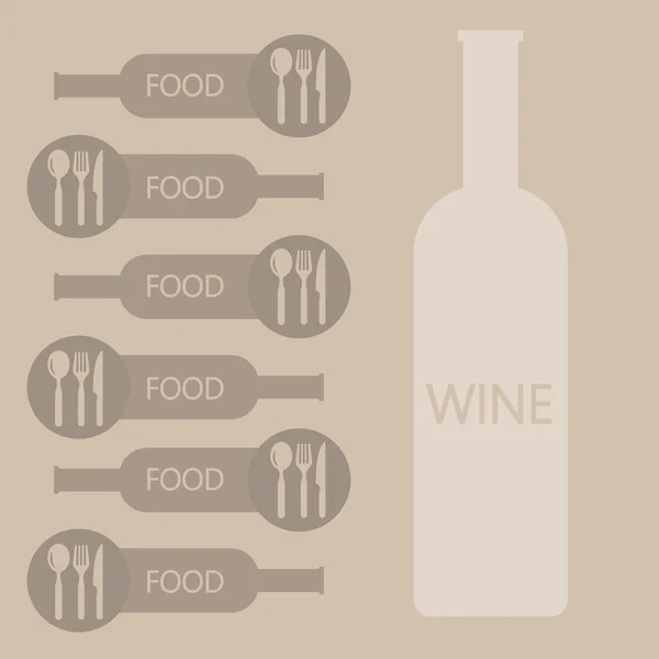 Wine and food restaurant info graphic, bottle, spoon, knife and fork in outline over light brown background. Citra vektor digital . - Stok Vektor