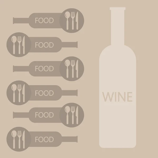 Vino y comida restaurante info gráfico, botella, cuchara, cuchillo y tenedor en contornos sobre fondo marrón claro. Imagen vectorial digital . — Vector de stock