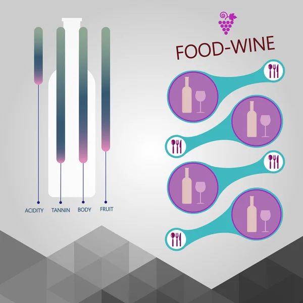Food and wine info graphic, bouteille avec description des composants sur fond argenté. Image vectorielle numérique . — Image vectorielle