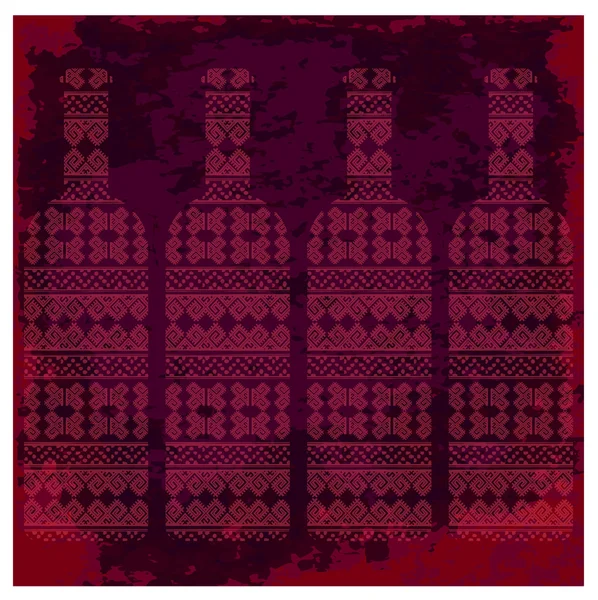 Tarjeta de cata de vinos, cuatro botellas de vino tinto con patrón sobre fondo oscuro con acuarela. Imagen vectorial digital . — Vector de stock