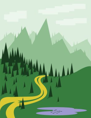 Çam ağaçları, sarı kavisli yol, mor göl, yeşil tepeler ve dağlar ile soyut manzara, beyaz bulutlar ile açık yeşil bir arka plan üzerinde. Dijital vektör görüntüsü.
