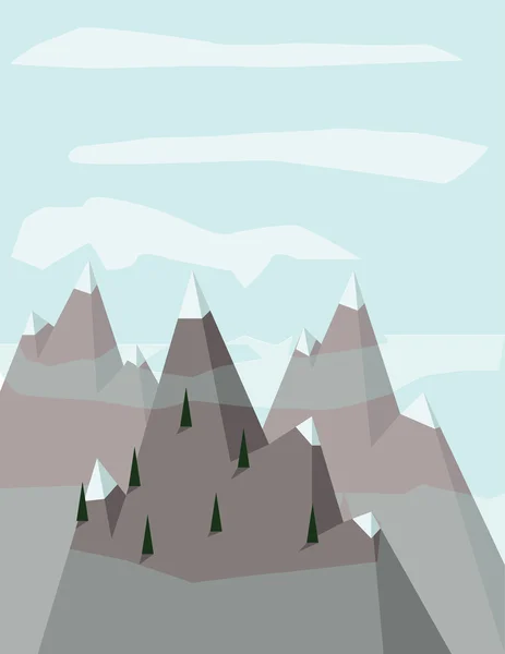 Paisaje abstracto con árboles de pino en las montañas de plata con nieve en la parte superior, sobre un fondo azul claro con nubes blancas. Imagen vectorial digital . — Vector de stock