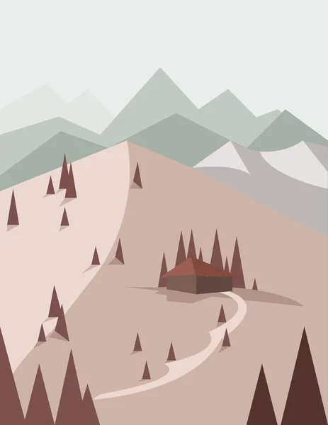 Peisaj abstract în stil roșu cu pini, o casă cu un drum, dealuri verzi și munți, pe un fundal ușor. Imagine vectorială digitală . — Vector de stoc