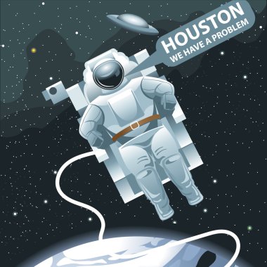 Astronaut in spacesuit flying in space and calling for Houston. Background with stars, planets and galaxies. Digital vector image. clipart
