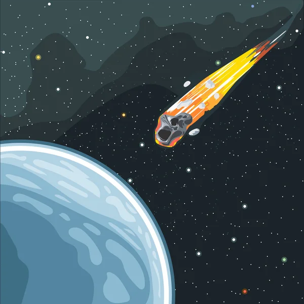 Brennender Komet fliegt im All zum Planeten Erde. digitales Vektorbild. — Stockvektor