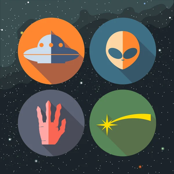 Ícones de objetos voadores não identificados definidos com nave, alienígena, mão e caminho estelar. Imagem vetorial digital . —  Vetores de Stock