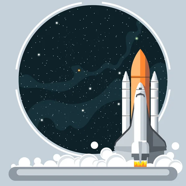 Shuttle bij lancering met vuur en rook en uitzicht op de ruimte. Digitaal vector beeld. — Stockvector