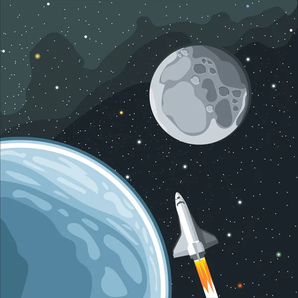 Spaceship mission to moon. Earth and moon view in space. Digital vector image.