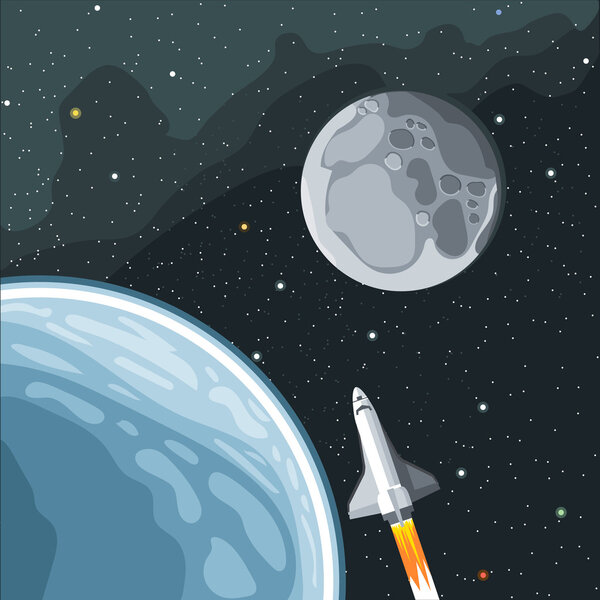 Spaceship mission to moon. Earth and moon view in space. Digital vector image.