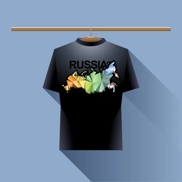 Чорна сорочка з кольоровим логотипом Росії на вішалці в гардеробі на синьому фоні. Цифрове векторне зображення — стоковий вектор